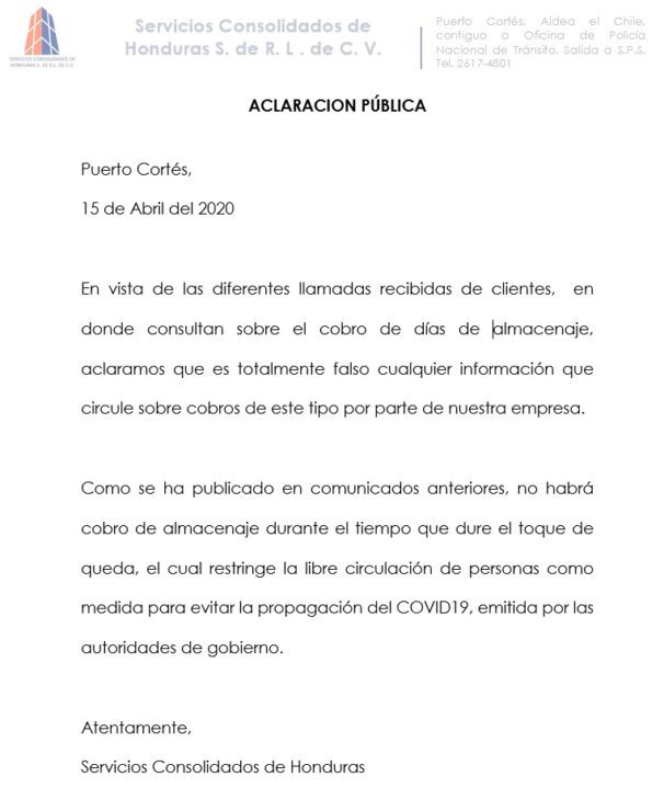 Aclaratoria Almacenaje 15/04/2020