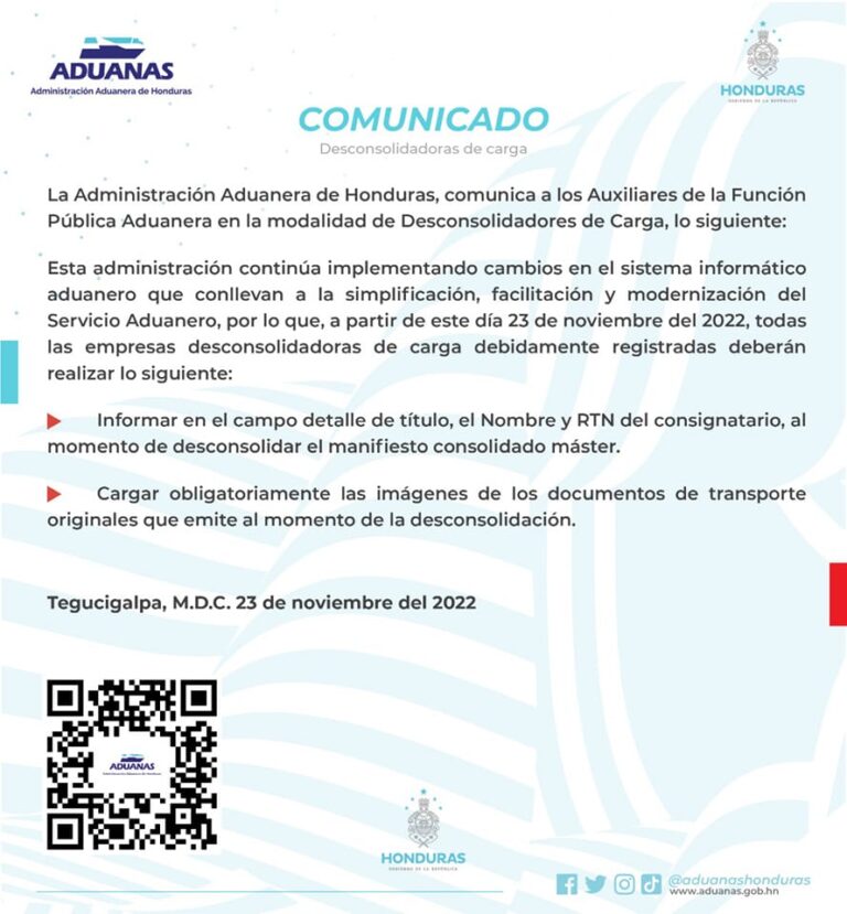 Comunicado Aduana Consolidadoras Servicios Consolidados De Honduras 7896